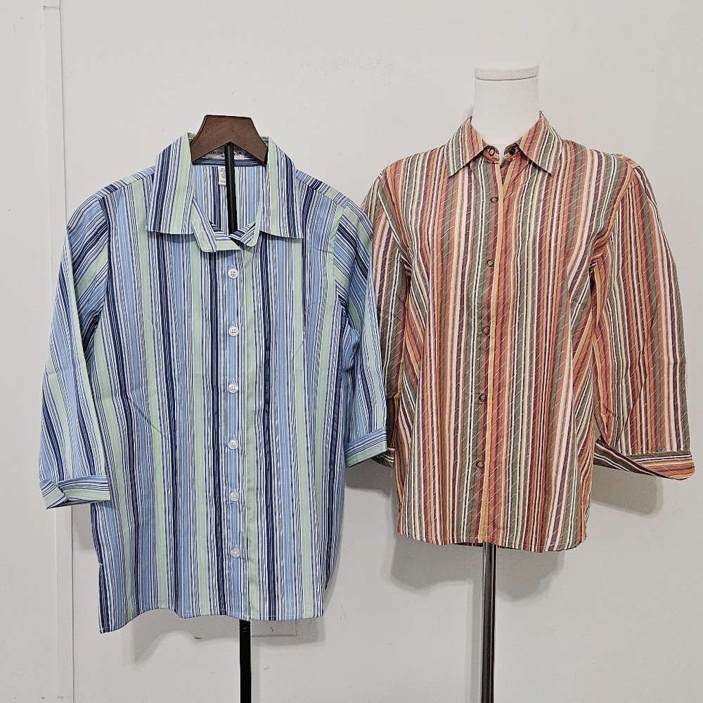 Pair of Multi-Colored Striped Button Snap Up Women's Cotton Blouses with 3/4 Sle